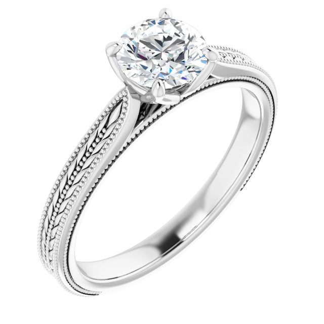 10K White Gold Customizable Round Cut Solitaire with Wheat-inspired Band 
