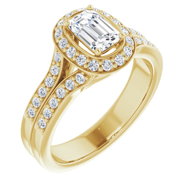 10K Yellow Gold Customizable Emerald/Radiant Cut Halo Style with Accented Split-Band