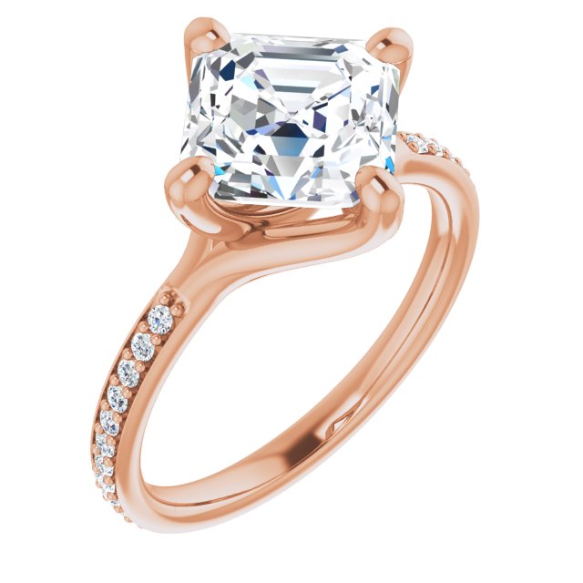 10K Rose Gold Customizable Asscher Cut Design featuring Thin Band and Shared-Prong Round Accents