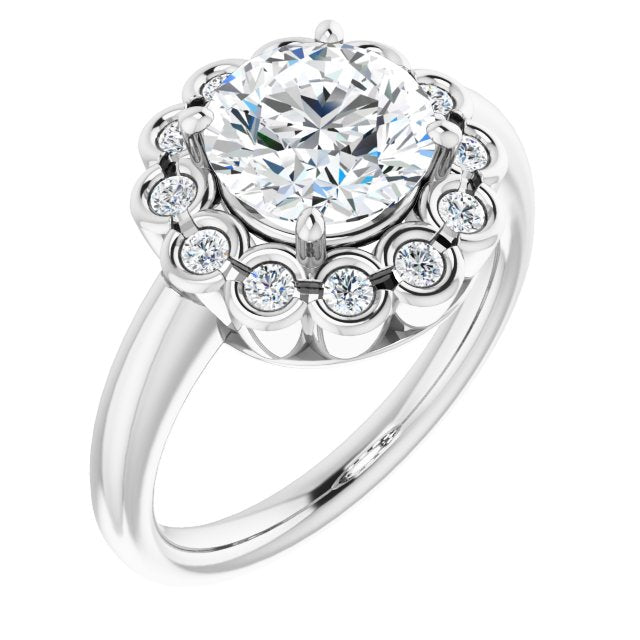 Cubic Zirconia Engagement Ring- The Aabha (Customizable 13-stone Round Cut Design with Floral-Halo Round Bezel Accents)
