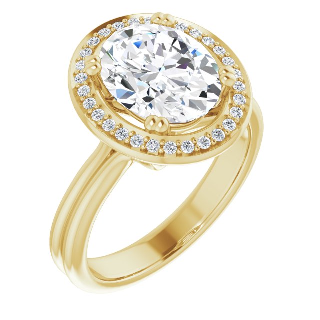 10K Yellow Gold Customizable Oval Cut Style with Scooped Halo and Grooved Band