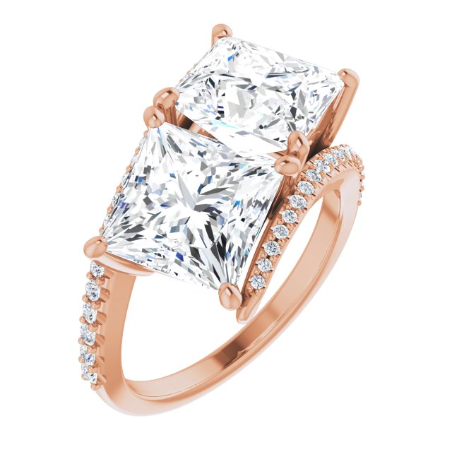 10K Rose Gold Customizable Double Princess/Square Cut 2-stone Design with Ultra-thin Bypass Band and Pavé Enhancement
