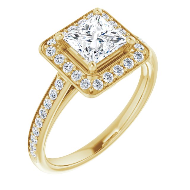 10K Yellow Gold Customizable Cathedral-raised Princess/Square Cut Halo-and-Accented Band Design