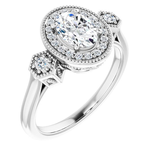 10K White Gold Customizable Cathedral Oval Cut Design with Halo and Delicate Milgrain