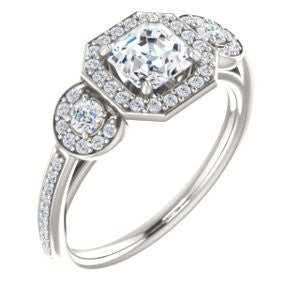 Cubic Zirconia Engagement Ring- The Téa (Asscher Cut Customizable 3-Stone Cathedral-Halo with Accented Band)