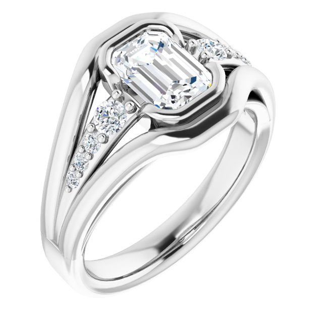 10K White Gold Customizable 9-stone Emerald/Radiant Cut Design with Bezel Center, Wide Band and Round Prong Side Stones