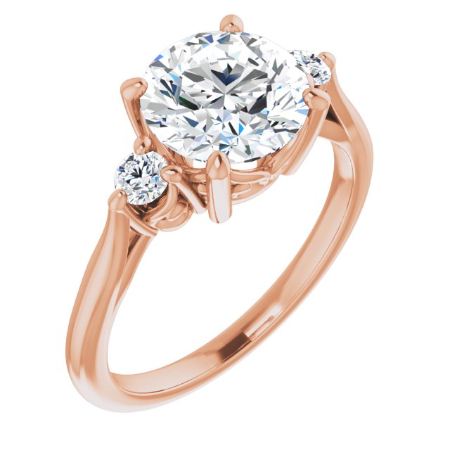 14K Rose Gold Customizable Three-stone Round Cut Design with Small Round Accents and Vintage Trellis/Basket