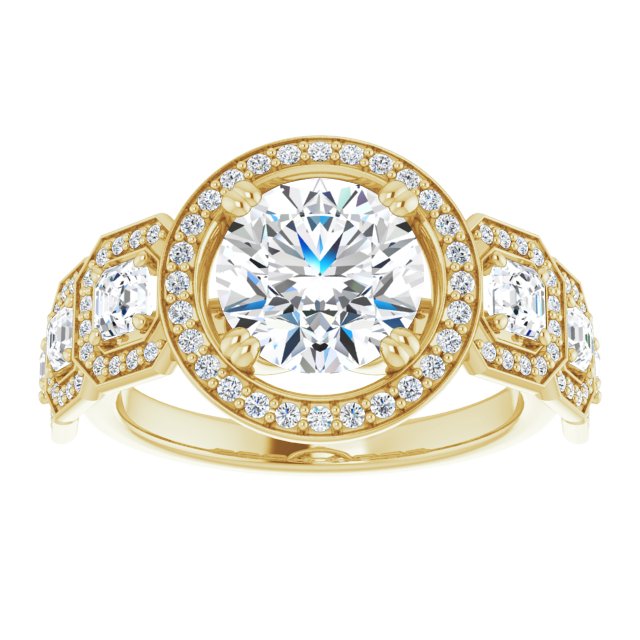 Cubic Zirconia Engagement Ring- The Carmela (Customizable Cathedral-Halo Round Cut Design with Six Halo-surrounded Asscher Cut Accents and Ultra-wide Band)