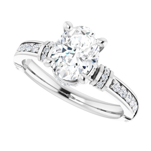 Cubic Zirconia Engagement Ring- The Ambrosia (Customizable Oval Cut Style featuring Under-Halo, Shared Prong and Quad Horizontal Band Accents)