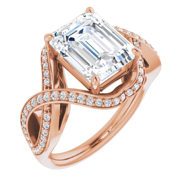 10K Rose Gold Customizable Emerald/Radiant Cut Design with Twisting, Infinity-Shared Prong Split Band and Bypass Semi-Halo