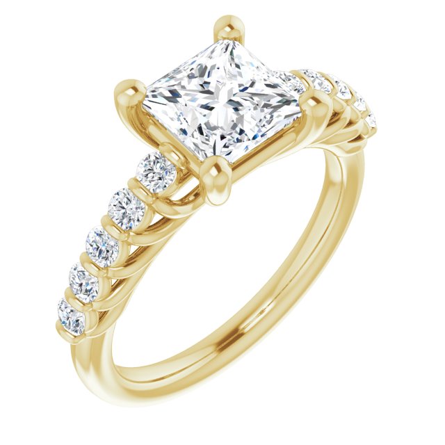 10K Yellow Gold Customizable Princess/Square Cut Style with Round Bar-set Accents