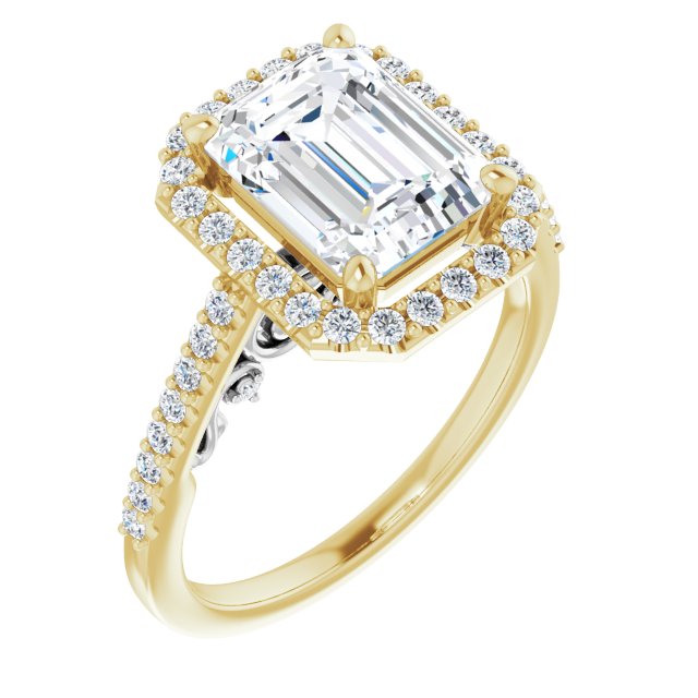 14K Yellow & White Gold Customizable Cathedral-Halo Emerald/Radiant Cut Design with Carved Metal Accent plus Pavé Band