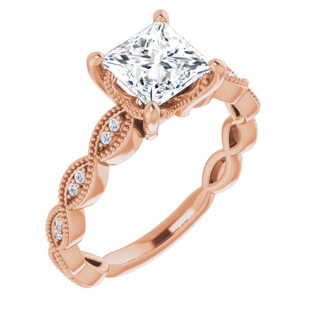 10K Rose Gold Customizable Princess/Square Cut Artisan Design with Scalloped, Round-Accented Band and Milgrain Detail