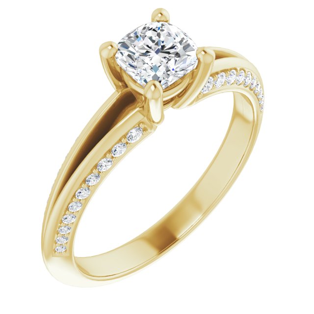 10K Yellow Gold Customizable Cushion Cut Center with 4-sided-Accents Knife-Edged Split-Band