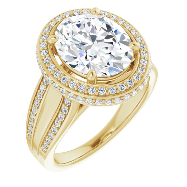 10K Yellow Gold Customizable Halo-style Oval Cut with Under-halo & Ultra-wide Band