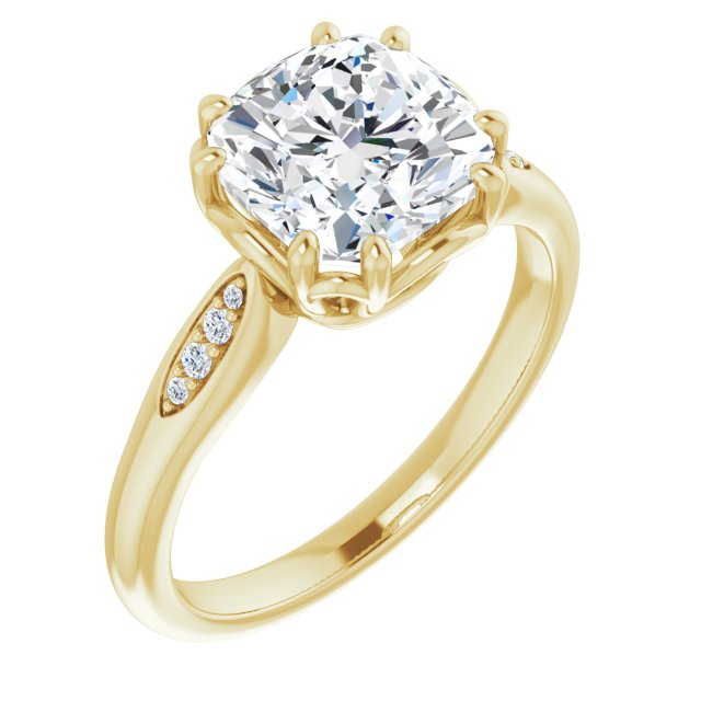 10K Yellow Gold Customizable 9-stone Cushion Cut Design with 8-prong Decorative Basket & Round Cut Side Stones