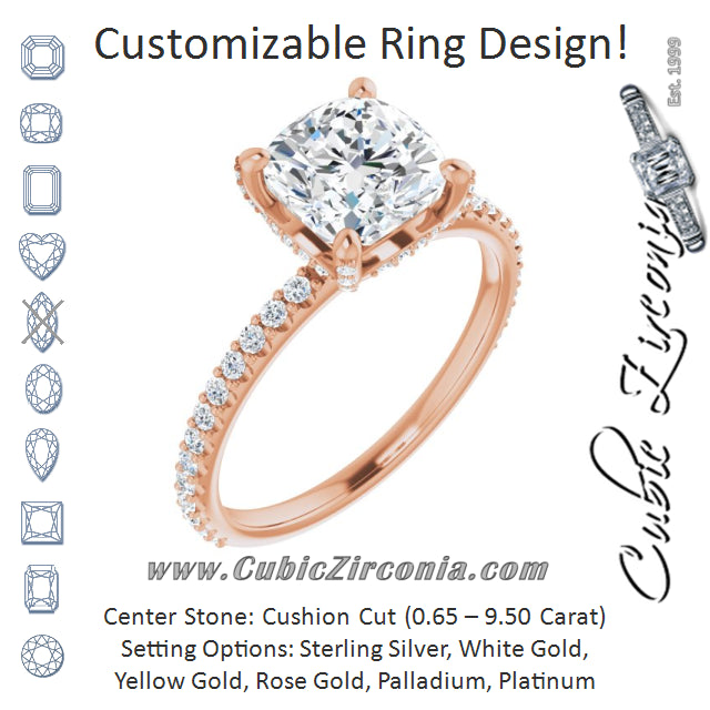 Cubic Zirconia Engagement Ring- The Maleny (Customizable Cushion Cut Design with Round-Accented Band, Micropavé Under-Halo and Decorative Prong Accents))