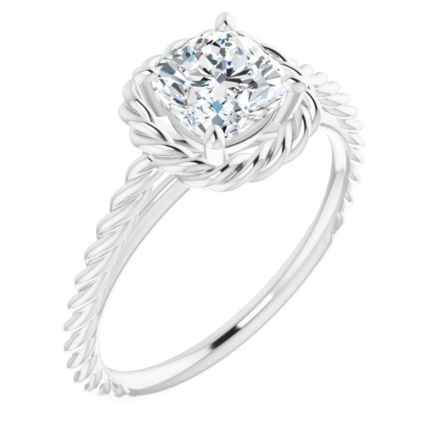 10K White Gold Customizable Cathedral-set Cushion Cut Solitaire with Thin Rope-Twist Band