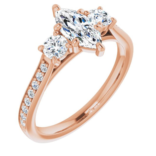 10K Rose Gold Customizable Marquise Cut Cathedral Setting with Filigree Design and Shared Prong Band