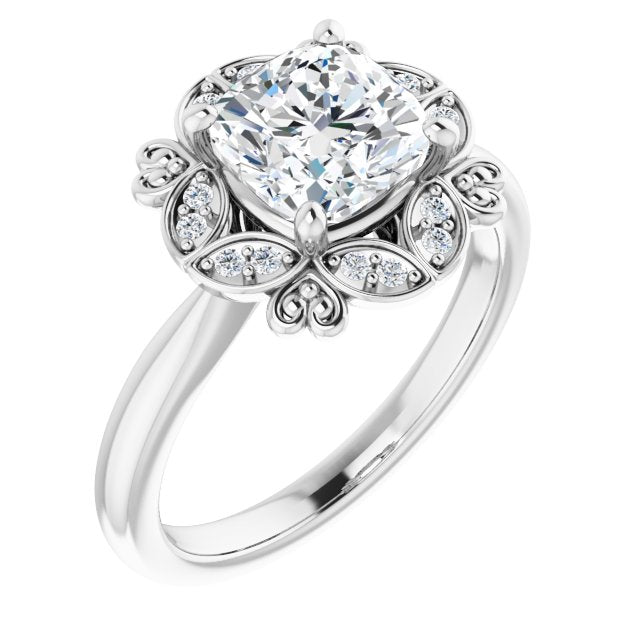 Cubic Zirconia Engagement Ring- The Hé Zhang (Customizable Cushion Cut Design with Floral Segmented Halo & Sculptural Basket)