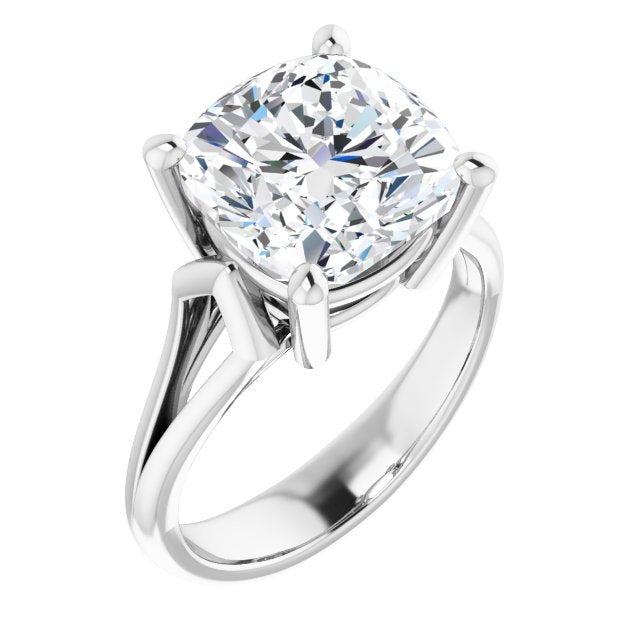 10K White Gold Customizable Cathedral-Raised Cushion Cut Solitaire with Angular Chevron Split Band