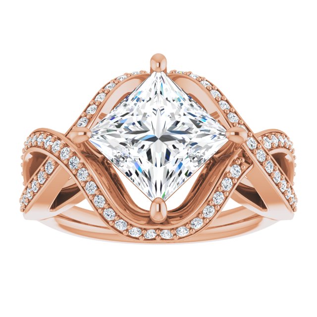 Cubic Zirconia Engagement Ring- The Gwenyth (Customizable Princess/Square Cut Design with Twisting, Infinity-Shared Prong Split Band and Bypass Semi-Halo)