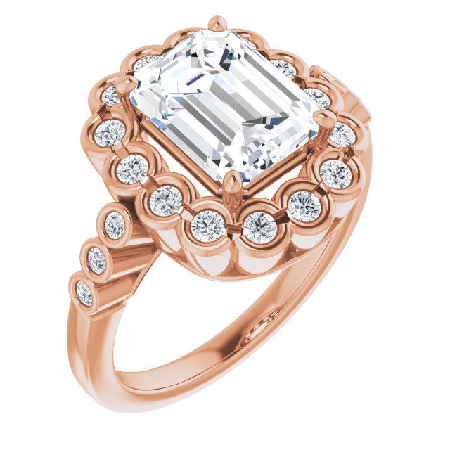 10K Rose Gold Customizable Emerald/Radiant Cut Design with Round-bezel Halo and Band Accents