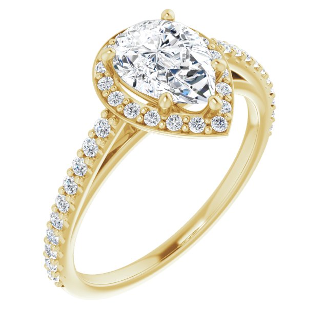 10K Yellow Gold Customizable Pear Cut Design with Halo and Thin Pavé Band