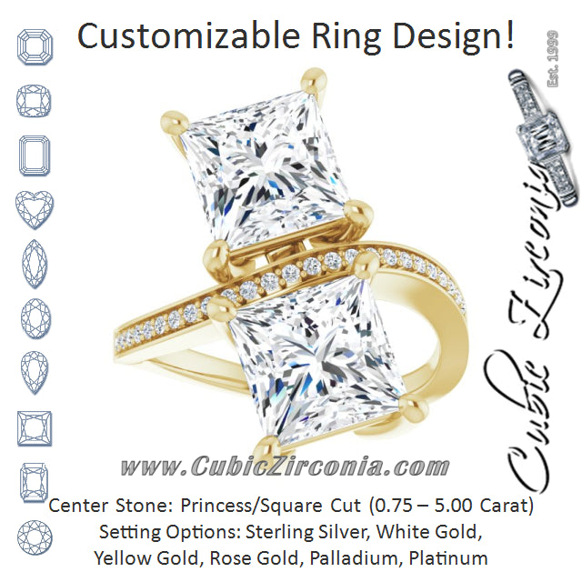 Cubic Zirconia Engagement Ring- The Ellie (Customizable 2-stone Princess/Square Cut Bypass Design with Thin Twisting Shared Prong Band)
