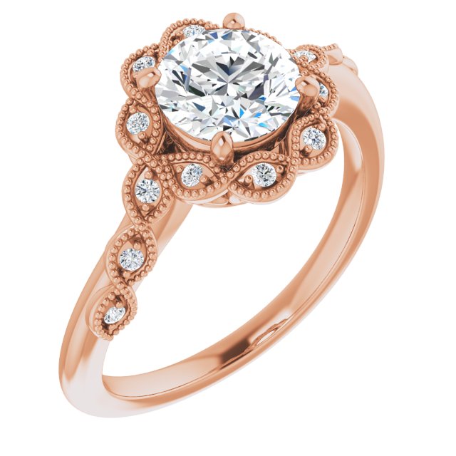 10K Rose Gold Customizable 3-stone Design with Round Cut Center and Halo Enhancement