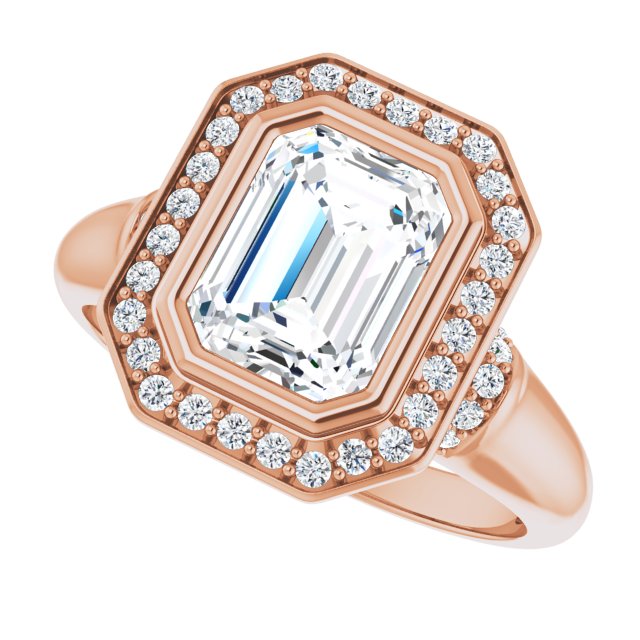 Cubic Zirconia Engagement Ring- The Vilde (Customizable Bezel-set Emerald Cut Design with Halo and Vertical Round Channel Accents)