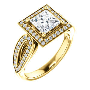 Cubic Zirconia Engagement Ring- The Jordyn Elitza (Customizable Halo-Style Princess Cut with Twisting Pavé Split-Shank)