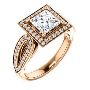 Cubic Zirconia Engagement Ring- The Jordyn Elitza (Customizable Halo-Style Princess Cut with Twisting Pavé Split-Shank)