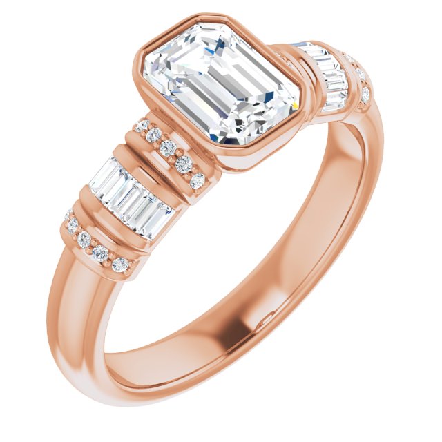 10K Rose Gold Customizable Bezel-set Emerald/Radiant Cut Setting with Wide Sleeve-Accented Band