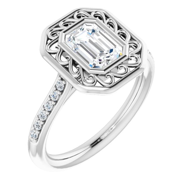 10K White Gold Customizable Cathedral-Bezel Emerald/Radiant Cut Design with Floral Filigree and Thin Shared Prong Band