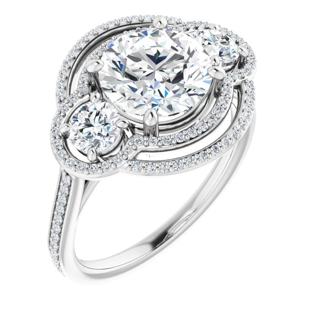 10K White Gold Customizable Enhanced 3-stone Double-Halo Style with Round Cut Center and Thin Band