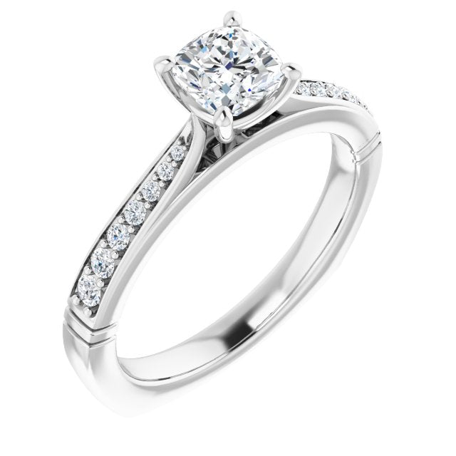 10K White Gold Customizable Cushion Cut Design with Tapered Euro Shank and Graduated Band Accents