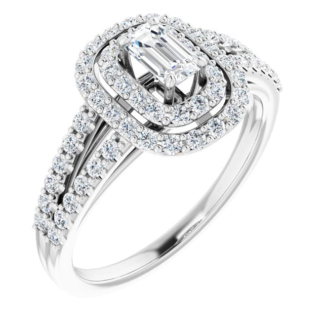 Platinum Customizable Emerald/Radiant Cut Design with Double Halo and Wide Split-Pavé Band