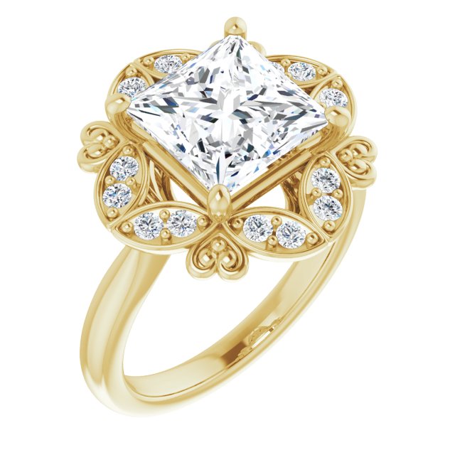 10K Yellow Gold Customizable Princess/Square Cut Design with Floral Segmented Halo & Sculptural Basket