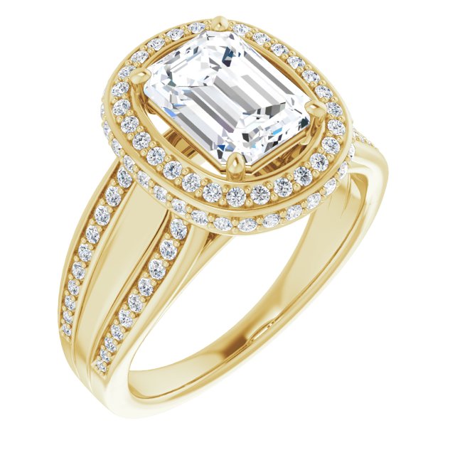 Cubic Zirconia Engagement Ring- The Deena (Customizable Halo-style Emerald Cut with Under-halo & Ultra-wide Band)
