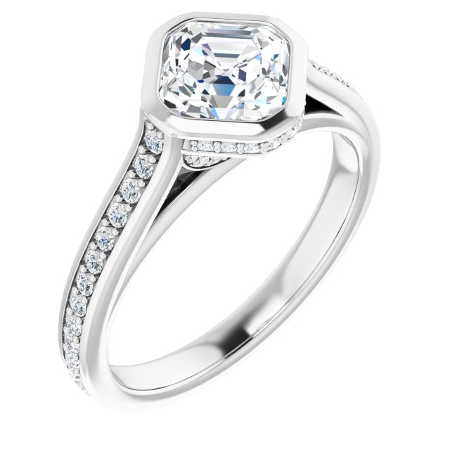 10K White Gold Customizable Cathedral-Bezel Asscher Cut Design with Under Halo and Shared Prong Band