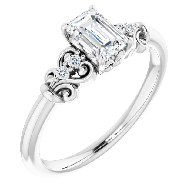 10K White Gold Customizable Vintage 5-stone Design with Emerald/Radiant Cut Center and Artistic Band Décor