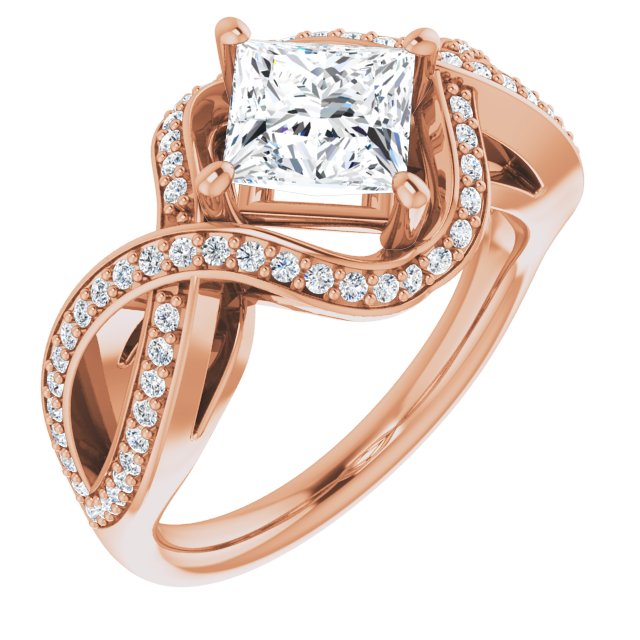 10K Rose Gold Customizable Princess/Square Cut Design with Twisting, Infinity-Shared Prong Split Band and Bypass Semi-Halo