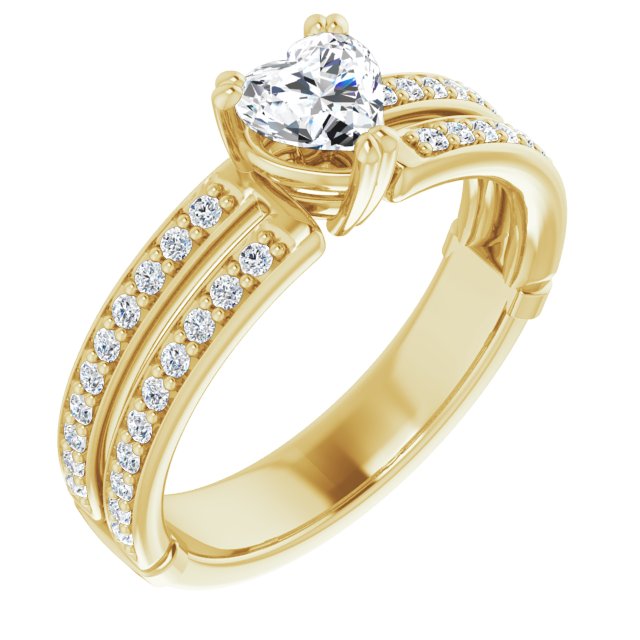 14K Yellow Gold Customizable Heart Cut Design featuring Split Band with Accents
