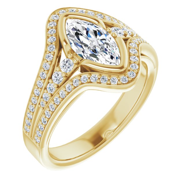 10K Yellow Gold Customizable Cathedral-Bezel Marquise Cut Design with Wide Triple-Split-Pavé Band