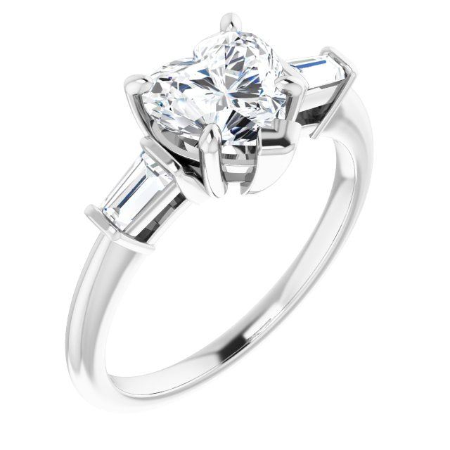 10K White Gold Customizable 3-stone Heart Cut Design with Dual Baguette Accents)