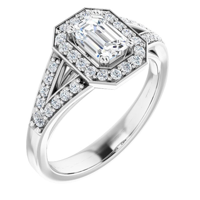 10K White Gold Customizable Cathedral-set Emerald/Radiant Cut Style with Accented Split Band and Halo