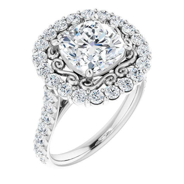 10K White Gold Customizable Cushion Cut Cathedral Style with Oversized Halo