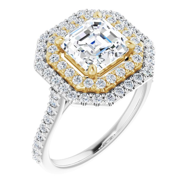 14K White & Yellow Gold Customizable Double-Halo Asscher Cut Design with Accented Split Band