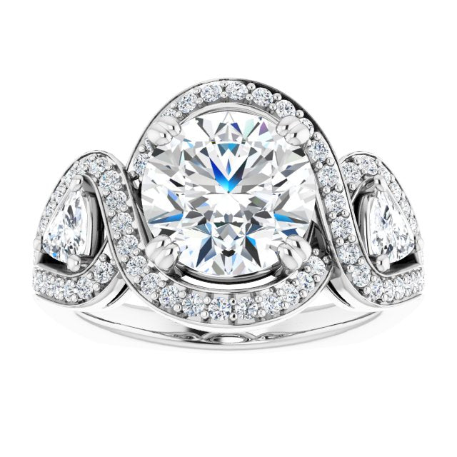 Cubic Zirconia Engagement Ring- The Ana Miranda (Customizable Round Cut Center with Twin Trillion Accents, Twisting Shared Prong Split Band, and Halo)